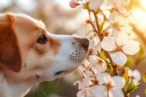 ai generiert Nahansicht von ein Hund schnüffeln ein Frühling Blüte. Hund riechen Blume. generativ ai foto