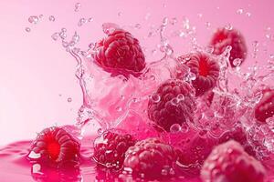 ai generiert mächtig Flüssigkeit Explosion, Himbeeren, Rosa Hintergrund foto