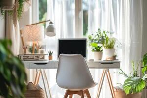 ai generiert Innere von Zuhause Büro mit Schreibtisch, Laptop, Pflanzen, Buch und Frühling Dekor im gemütlich heim. generativ ai foto