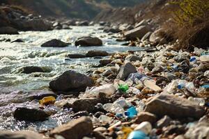 ai generiert verschmutzt Fluss, destruktiv Gegenwart von Plastik Abfall auf das natürlich fließen von Wasser foto