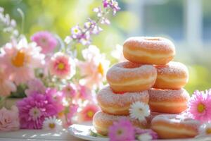 ai generiert Stapel von Donuts mit Blumen- Vereinbarungen im das Hintergrund. generativ ai foto