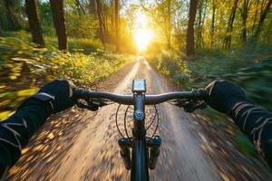 ai generiert Radfahren und Person auf ein Fahrrad im Natur. zuerst Person Aussicht von Reiten Fahrrad im das Wald. generativ ai foto