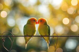 ai generiert zwei Lovebirds Barsch auf ein Kabel. Symbol von Liebe. Lovebird Papageien Sitzung zusammen. generativ ai foto