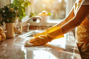 ai generiert Frau Hände im Gummi Handschuhe Abstauben Küche. Frühling Reinigung Konzept. generativ ai foto