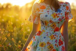 ai generiert schließen oben von jung Frau im retro Kleid mit ein beschwingt Blumen- Muster. generativ ai foto