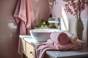 ai generiert Badezimmer mit Pastell- Rosa Wände und Stapel von Handtücher. Frühling Konzept. generativ ai foto