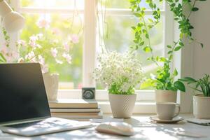 ai generiert Innere von Zuhause Büro mit Schreibtisch, Laptop, Pflanzen, Buch und Frühling Dekor im gemütlich heim. generativ ai foto