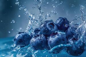 ai generiert Blaubeeren planschen im Wasser foto