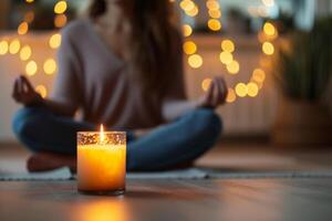 ai generiert Frau üben Meditation im das verschwommen Hintergrund mit Vorderseite Aussicht von ein duftend Kerze. generativ ai foto