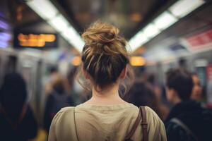 ai generiert zurück Aussicht von Frau Stehen beim beschäftigt U-Bahn mit verschwommen Hintergrund. generativ ai foto