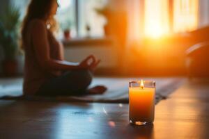 ai generiert Frau üben Meditation im das verschwommen Hintergrund mit Vorderseite Aussicht von ein duftend Kerze. generativ ai foto