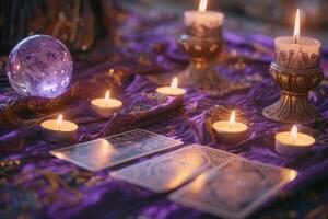 ai generiert Mystiker Kristall Ball, Tarot Karten und Verbrennung Kerzen auf lila Hintergrund. Magie Ritual oder buchstabieren mit esoterisch Symbole. generativ ai foto