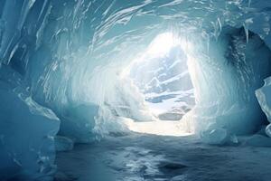 ai generiert Blau Kristall Eis Höhle Eingang und ein unter Tage Fluss unter das Gletscher. generativ ai foto