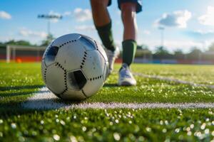 ai generiert Fußball Spieler mit ein Ball im Aktion. Fußball Spieler Tritte das Ball. generativ ai foto