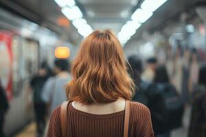 ai generiert zurück Aussicht von Frau Stehen beim beschäftigt U-Bahn mit verschwommen Hintergrund. generativ ai foto