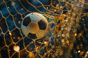 ai generiert Fußball Ball Sein getreten in das Tor Netz mit golden funkelnd Konfetti und funkeln. generativ ai foto