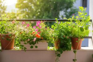 ai generiert klein städtisch Balkon Garten mit eingetopft Pflanzen. generativ ai foto