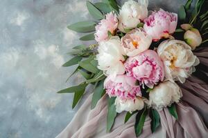 ai generiert schön Strauß von Pfingstrosen. Blumen- Komposition. schön frisch Schnitt Strauß. generativ ai foto