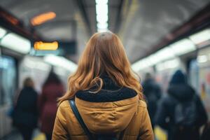 ai generiert zurück Aussicht von Frau Stehen beim beschäftigt U-Bahn mit verschwommen Hintergrund. generativ ai foto