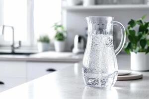 ai generiert Glas Karaffe gefüllt mit sauber Trinken Wasser im ein modern Küche. generativ ai foto