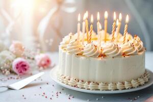 ai generiert schön dekoriert Geburtstag Kuchen mit zündete Kerzen. generativ ai foto