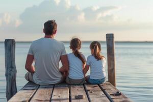 ai generiert zurück Aussicht von Vater und zwei Kinder Sitzung zusammen auf Steg. generativ ai foto