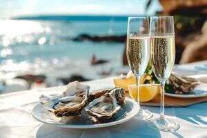 ai generiert Brille von Champagner und Austern auf ein Tabelle mit ein Aussicht zu das Strand. generativ ai foto