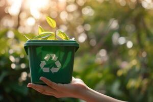 ai generiert Hand und ein Recycling Behälter mit ein recyceln Papier. generativ ai foto