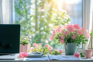 ai generiert Innere von Zuhause Büro mit Schreibtisch, Laptop, Pflanzen, Buch und Frühling Dekor im gemütlich heim. generativ ai foto