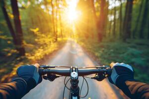 ai generiert Radfahren und Person auf ein Fahrrad im Natur. zuerst Person Aussicht von Reiten Fahrrad im das Wald. generativ ai foto