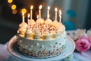 ai generiert schön dekoriert Geburtstag Kuchen mit zündete Kerzen. generativ ai foto