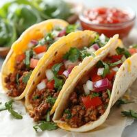 ai generiert köstlich hausgemacht Tacos isoliert auf das Weiß Hintergrund foto