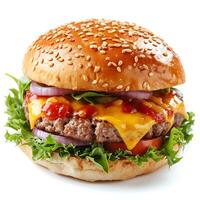 ai generiert ein köstlich Rindfleisch Burger mit saftig Pastetchen, Käse, Tomate, Wurst, und Grüner Salat isoliert auf das Weiß Hintergrund foto