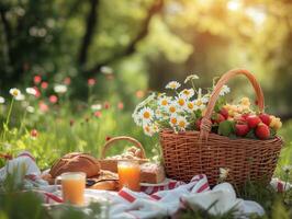 ai generiert Picknick im das Park. Picknick Korb mit Früchte und Gemüse foto