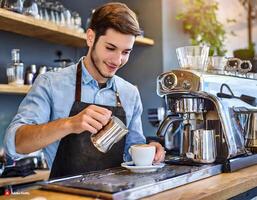 ai generiert gut aussehend jung Barista Gießen Kaffee im ein Tasse im ein Cafe foto