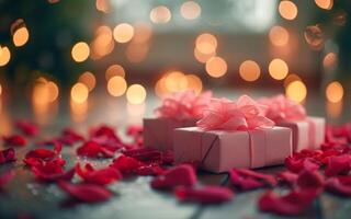 ai generiert Rosa Geschenke sind auf das Seite und Dort sind rot Rose Blütenblätter auf das Boden, suchen romantisch mit Pastell- Farben foto