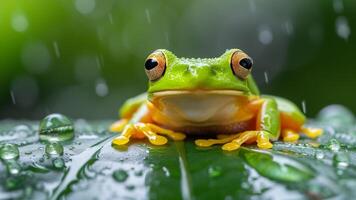 ai generiert ein hell Grün Baum Frosch Sitzung auf ein Blatt über das Wasser foto