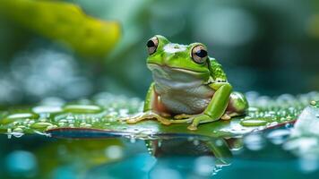 ai generiert ein hell Grün Baum Frosch Sitzung auf ein Blatt über das Wasser foto