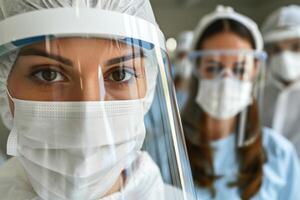 ai generiert Gesundheitswesen Arbeiter mit Gesicht Maske und Schild mit ai generiert. foto