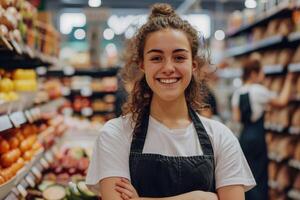 ai generiert freundlich Supermarkt Mitarbeiter Mitglied lächelnd beim Arbeit mit ai generiert. foto