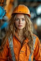 ai generiert auffällig Porträt von ein weiblich Ingenieur beim ein industriell Seite? ˅. generativ ai foto