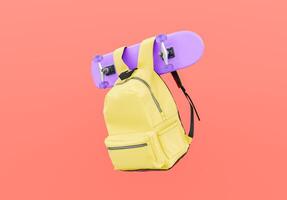 Gelb Rucksack mit lila Skateboard auf Rosa Hintergrund, jugendlich Bildung Konzept foto
