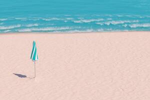 einsam Strand Regenschirm auf sandig Ufer mit Ozean Hintergrund foto