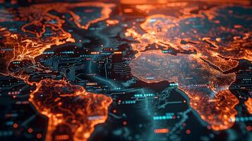 ai generiert kybernetisch Kontinente - - interaktiv Neon- Welt Karte Anzeige foto