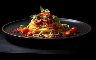 ai generiert Italienisch Spaghetti auf ein dunkel Platte, einstellen gegen ein stilvoll dunkel Hintergrund zum ein glatt Präsentation foto