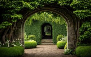 ai generiert Grün Pflanze Bögen im Englisch Landschaft Garten foto