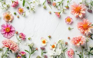 ai generiert kreativ Layout gemacht mit schön Blumen auf ein Weiß Hintergrund foto