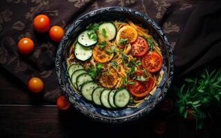 ai generiert ein Schüssel gefüllt mit Pasta, Gurken, und Tomaten, Erstellen ein bunt und erfrischend Mahlzeit. foto