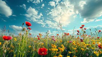 ai generiert Frühling Landschaft Panorama mit Blumen im ein Wiese foto