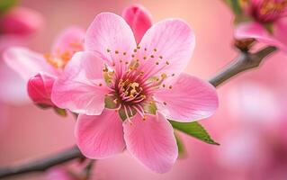 ai generiert ein beschwingt Rosa Pfirsich Blume blüht anmutig auf ein strahlend Frühling Tag foto